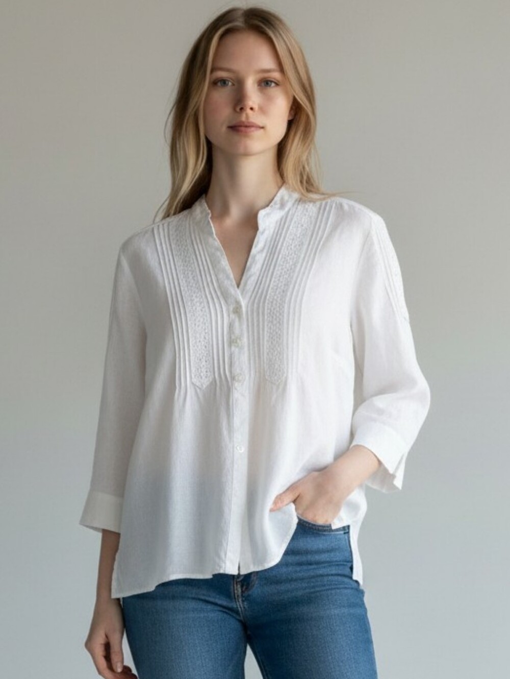 JM Collection White Linen Pintuck & Eyelet Button-Down Blouse